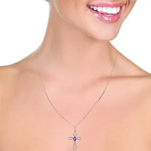 0.57 Carat 14K Solid White Gold Cross Necklace Natural Diamond Amethyst