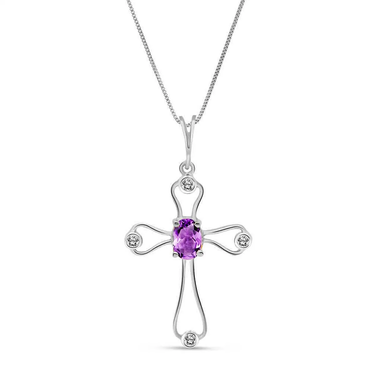 0.57 Carat 14K Solid White Gold Cross Necklace Natural Diamond Amethyst