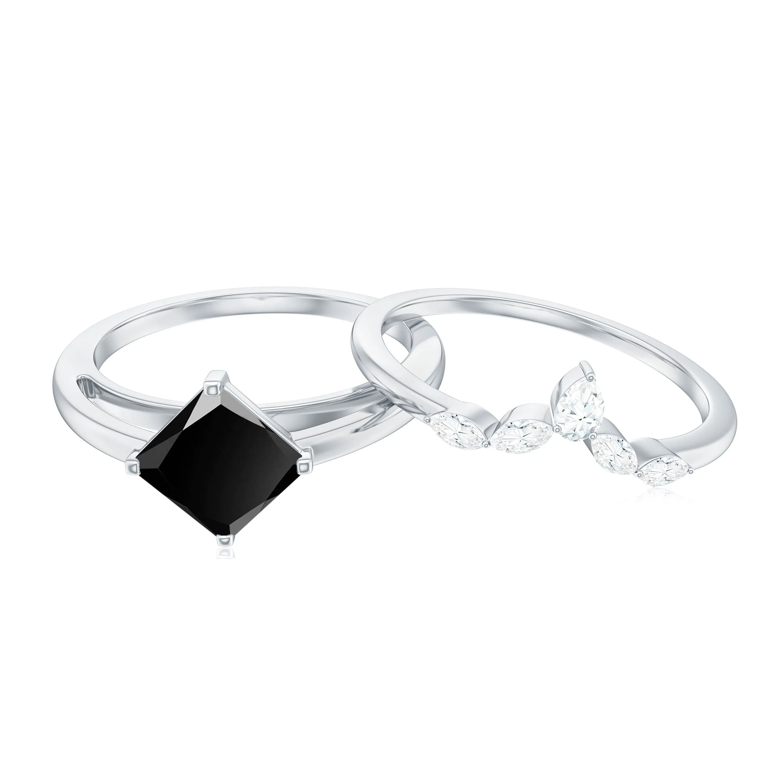 0.75 CT Princess Cut Black Onyx and Diamond Bridal Ring Set