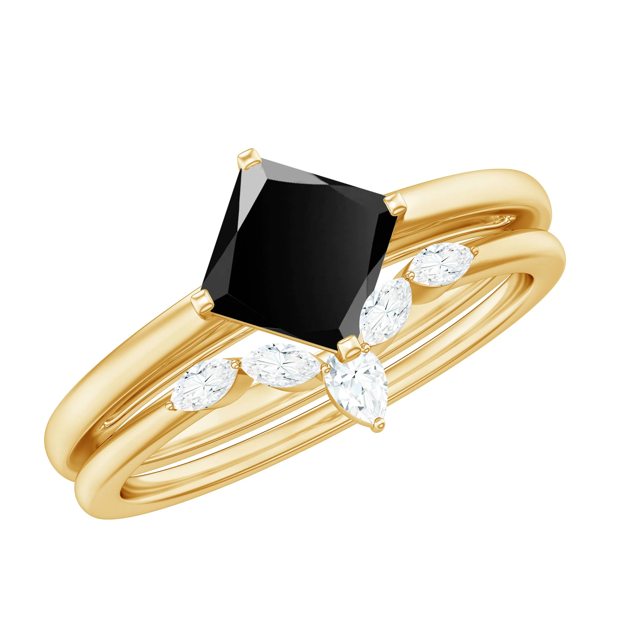 0.75 CT Princess Cut Black Onyx and Diamond Bridal Ring Set