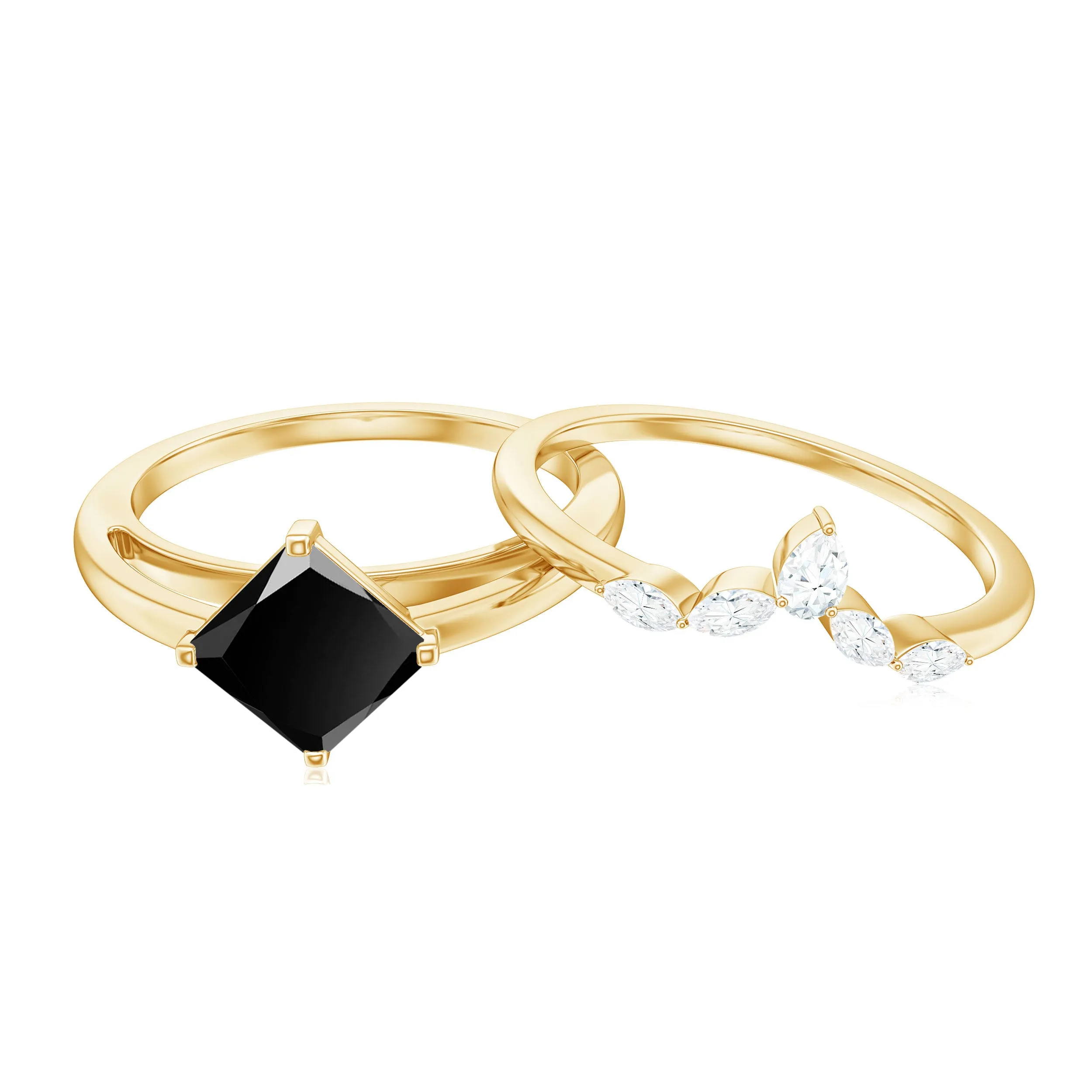 0.75 CT Princess Cut Black Onyx and Diamond Bridal Ring Set