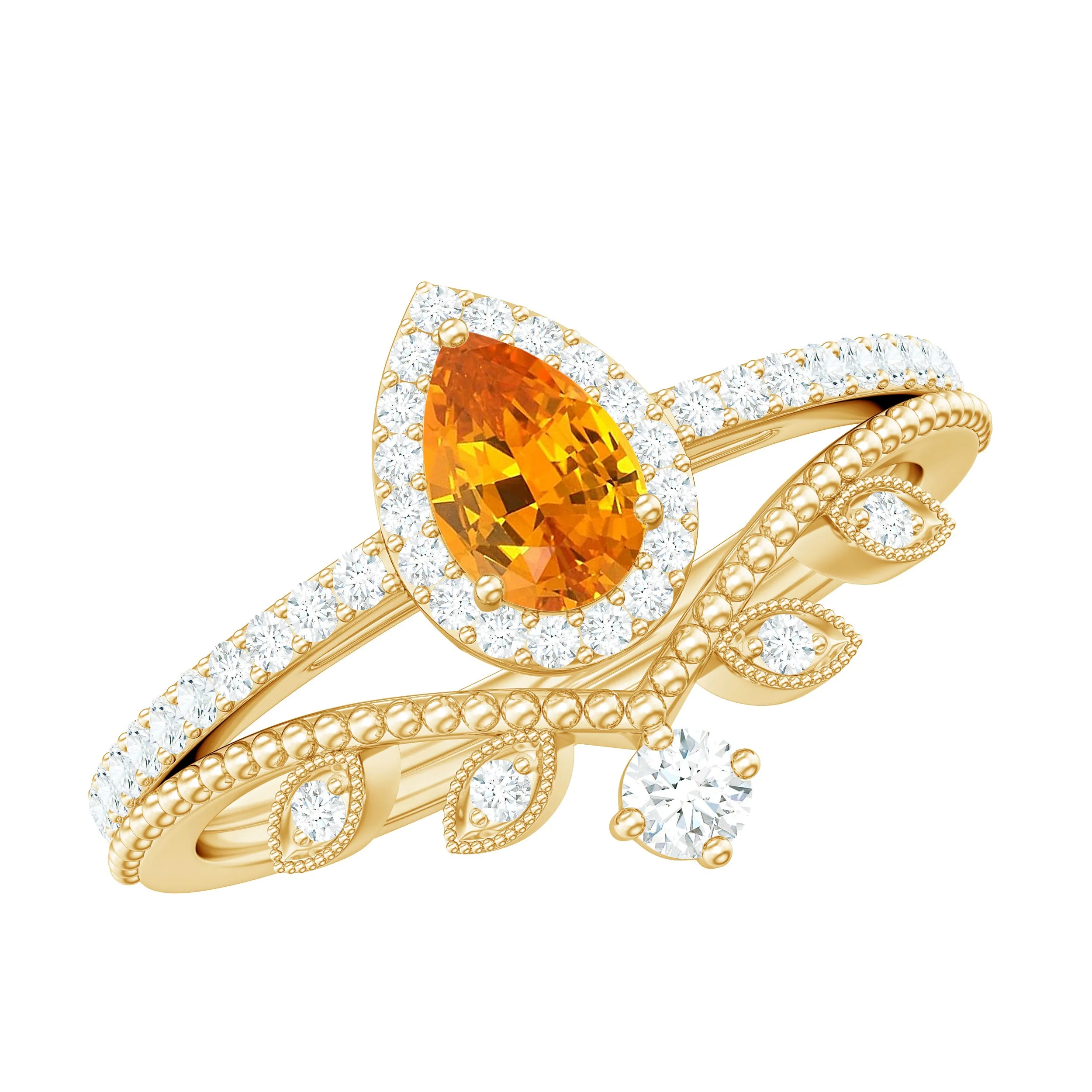 1 CT Created Orange Sapphire Vintage Teardrop Wedding Ring Set with Diamond