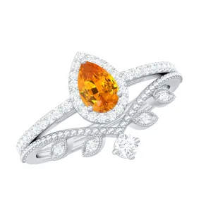 1 CT Created Orange Sapphire Vintage Teardrop Wedding Ring Set with Diamond