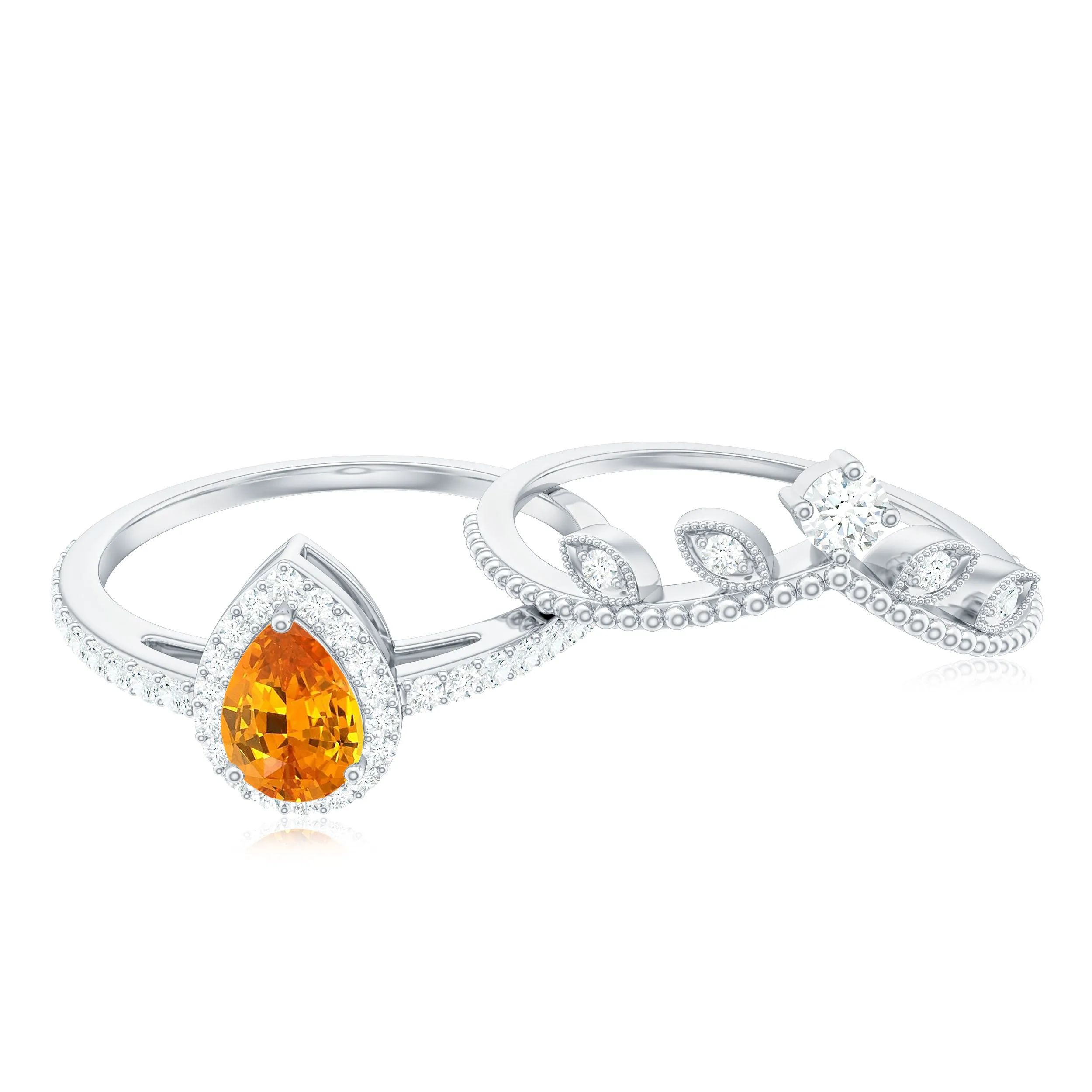 1 CT Created Orange Sapphire Vintage Teardrop Wedding Ring Set with Diamond