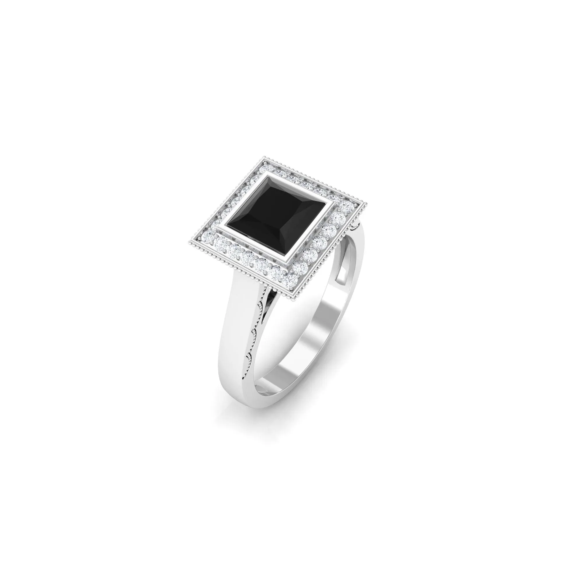 1 CT Princess Cut Created Black Diamond Solitaire Ring with Halo Diamond