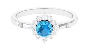 1 CT Round Swiss Blue Topaz and Diamond Halo Engagement Ring