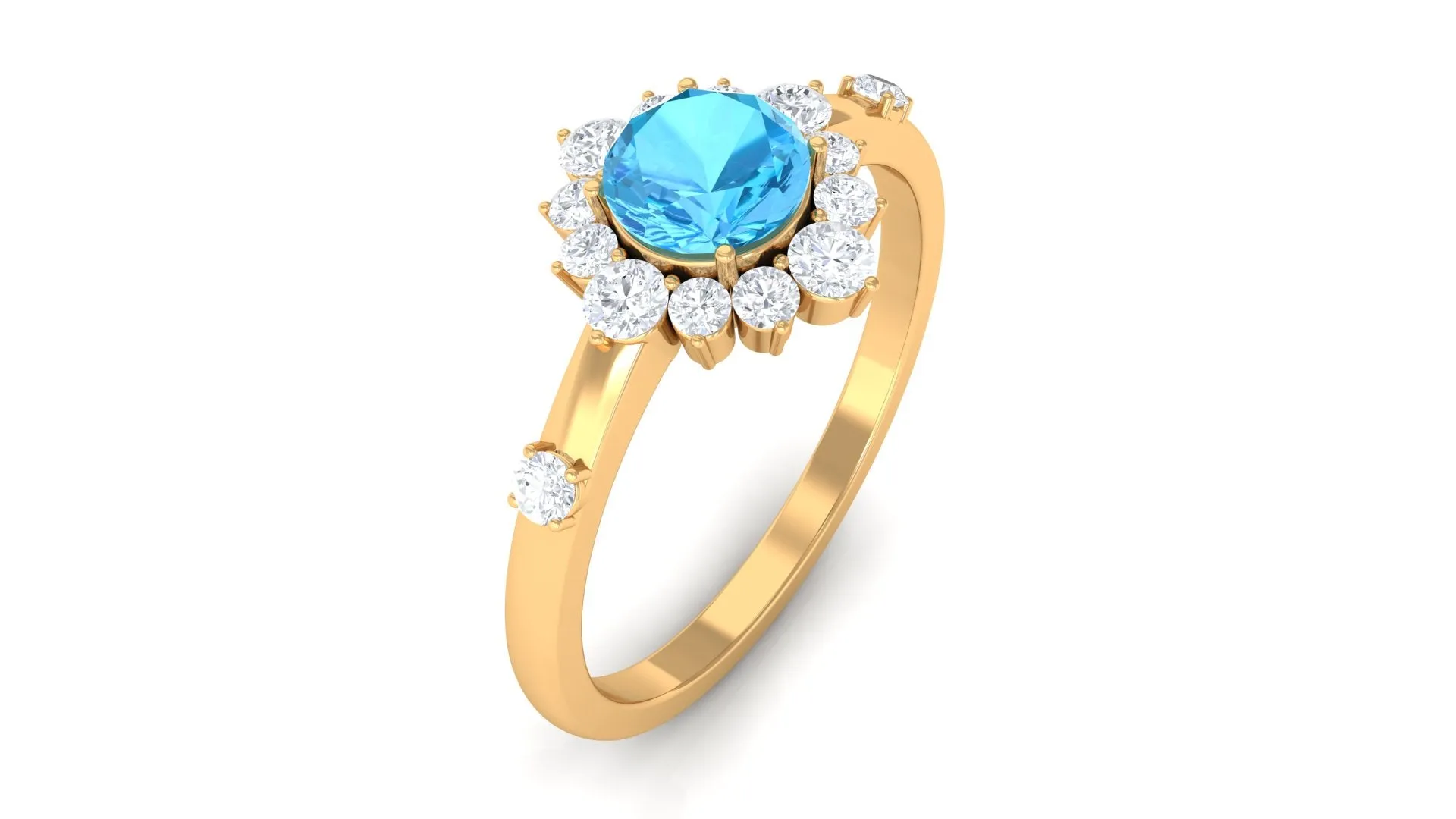 1 CT Round Swiss Blue Topaz and Diamond Halo Engagement Ring