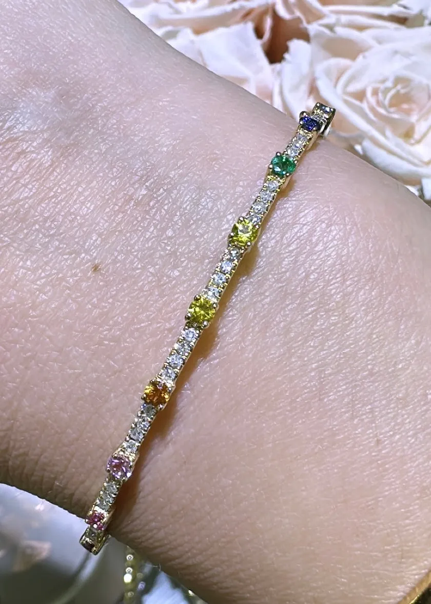 1.11carat Rainbow Sapphire and Diamond Yellow Gold Bangle Bracelet