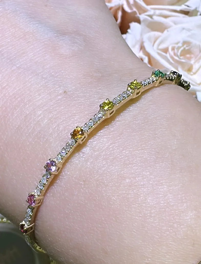 1.11carat Rainbow Sapphire and Diamond Yellow Gold Bangle Bracelet