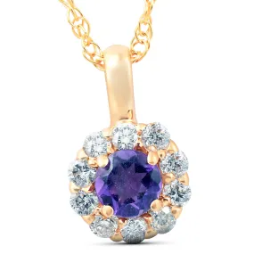 1/2 Ct Diamond & Genuine Amethyst Halo Pendant 14k Yellow Gold Womens Necklace