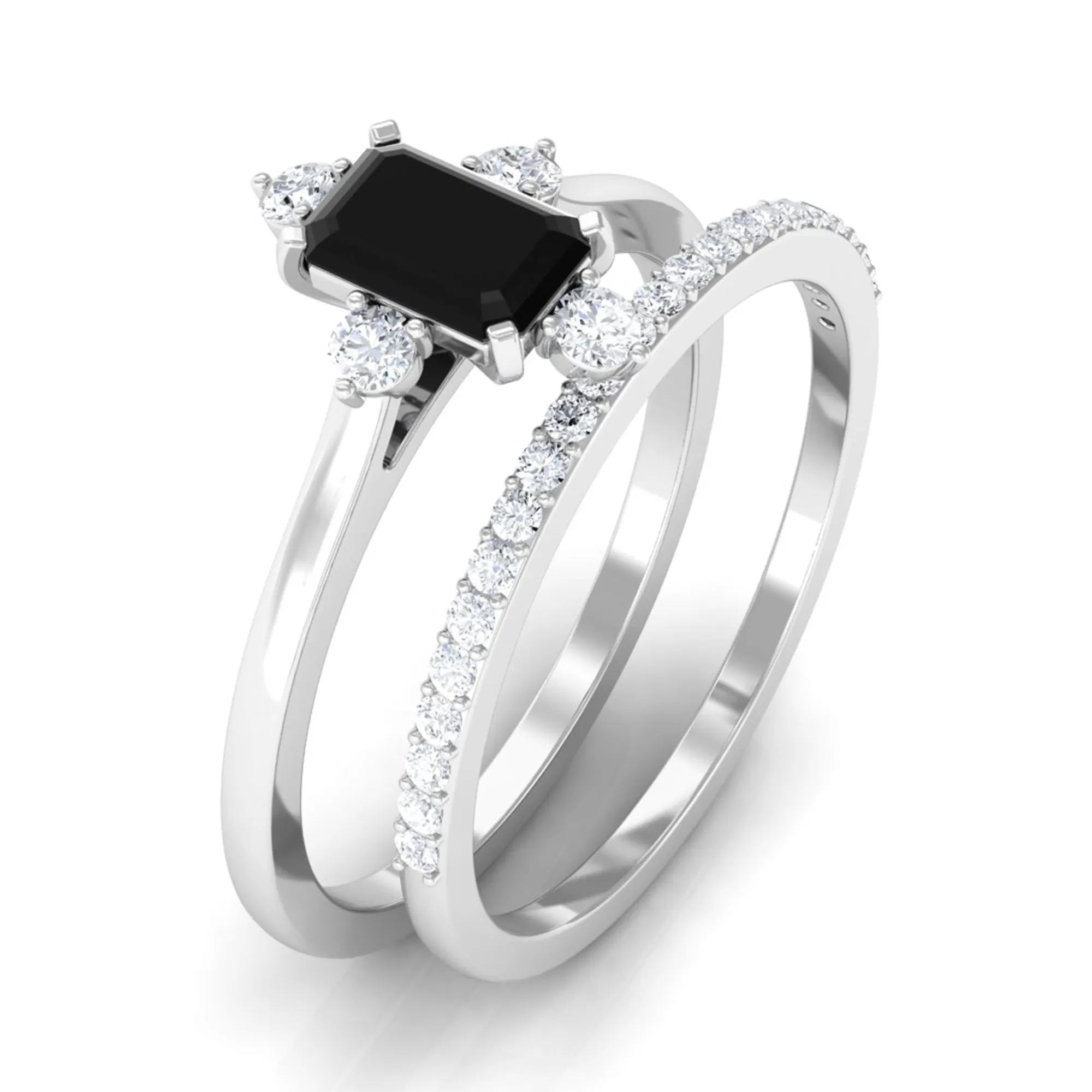 1.25 Ct Octagon Solitaire Black Onyx and Diamond Ring Set