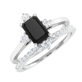 1.25 Ct Octagon Solitaire Black Onyx and Diamond Ring Set