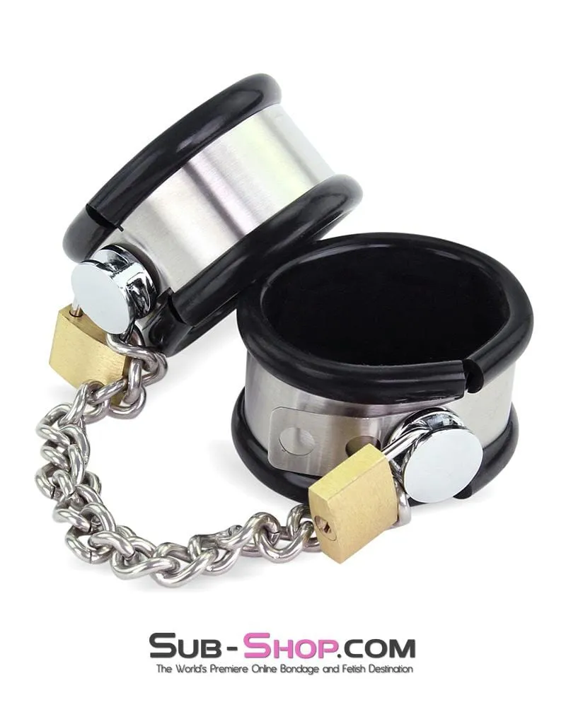 1344M      Steel Your Heart Rubber Lined Stainless Steel Locking Wrist Cuffs