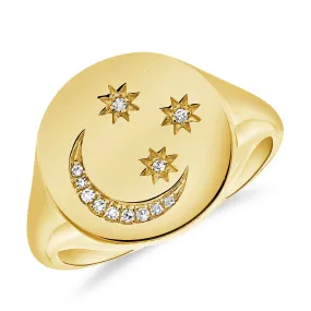 14K Gold & Diamond Celestial Signet Ring - 0.03ct