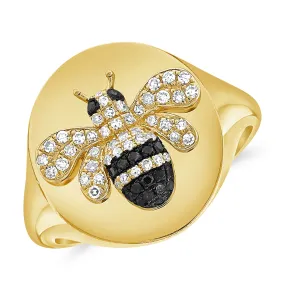 14K Gold Diamond & Black Diamond Bumble Bee Signet Ring - 0.16ct