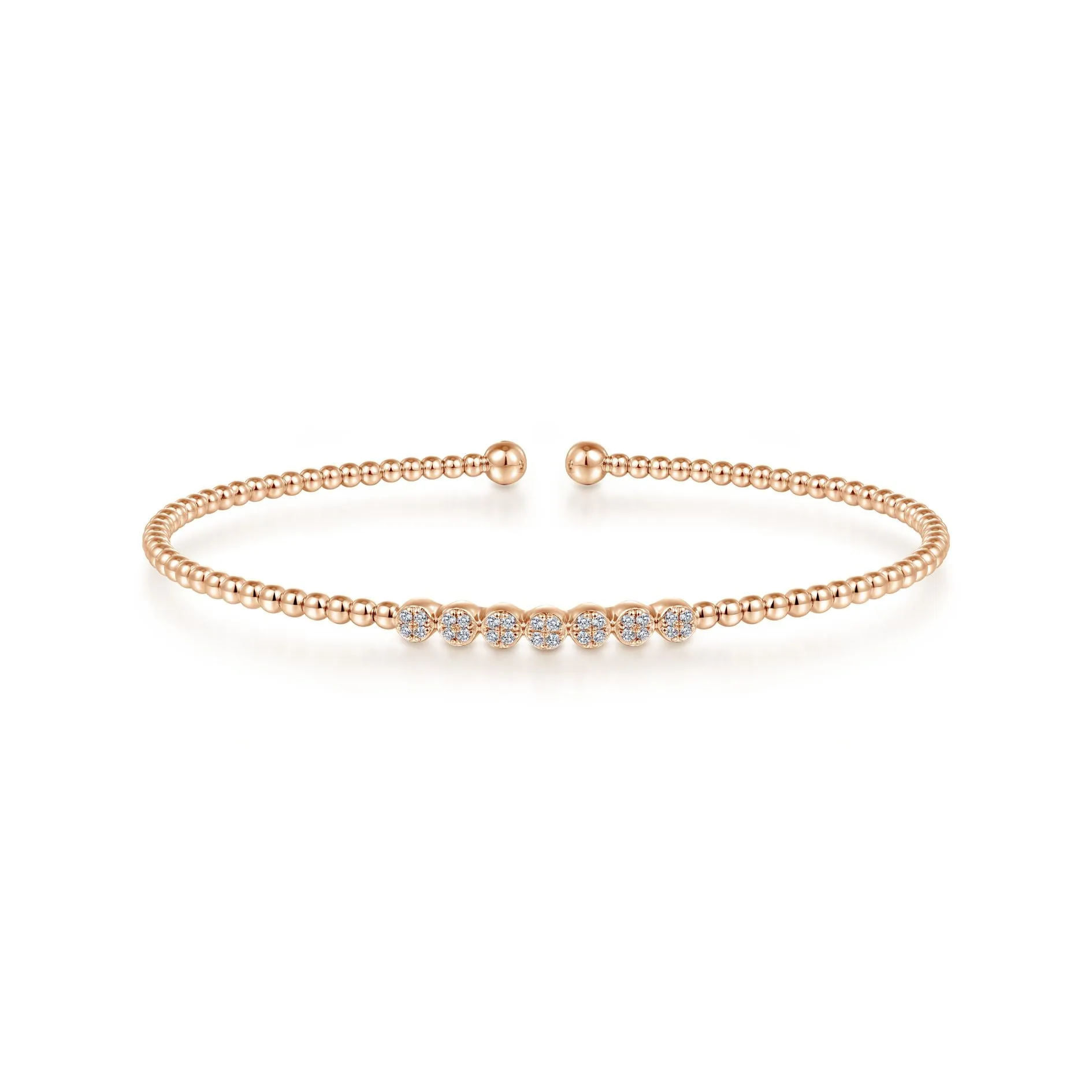 14K Rose Gold Diamond Top Beaded Open Bangle