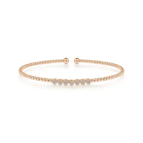 14K Rose Gold Diamond Top Beaded Open Bangle