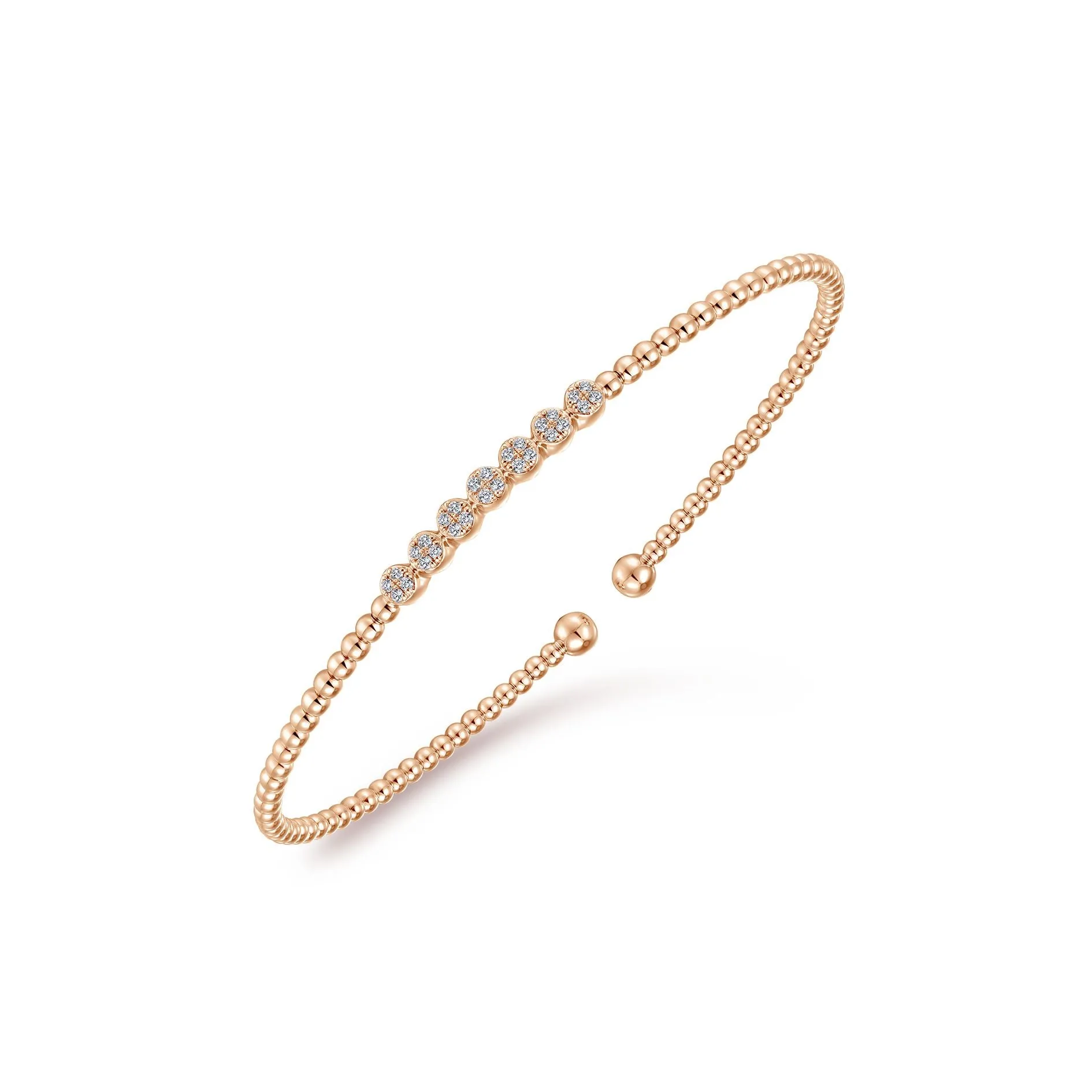 14K Rose Gold Diamond Top Beaded Open Bangle