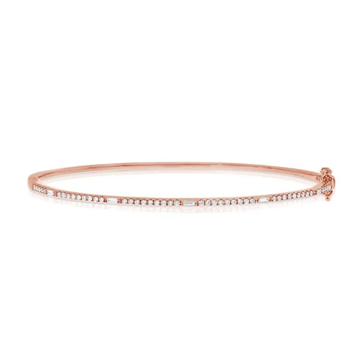 14K Rose Gold Round and Baguette Diamond Hinged Bangle