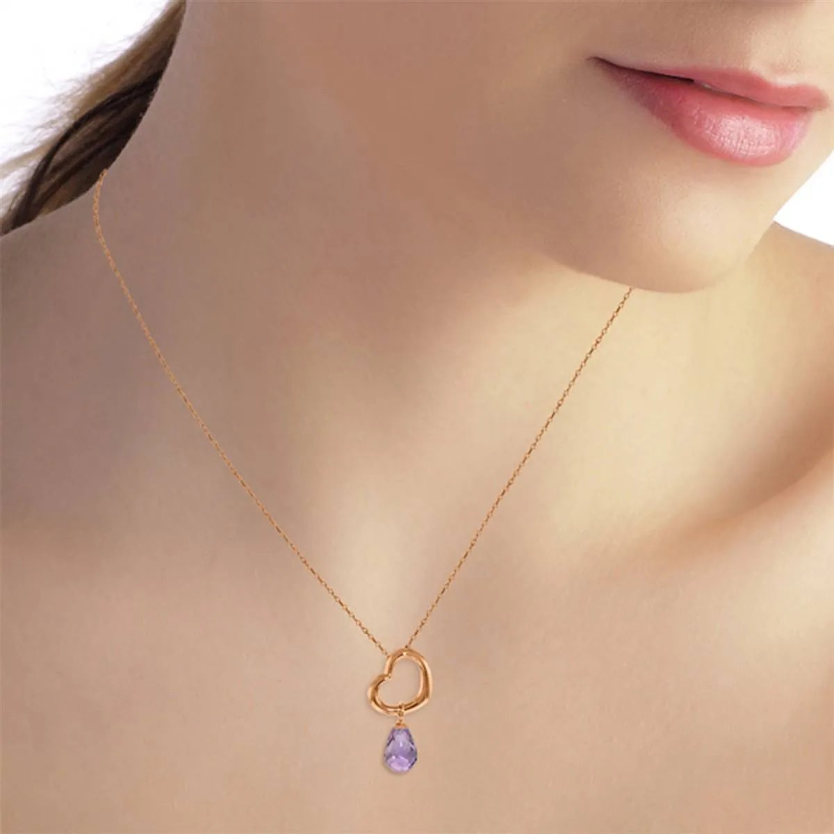 14K Solid Rose Gold Heart Necklace w/ Dangling Natural Amethyst