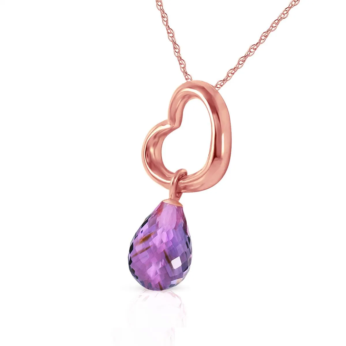 14K Solid Rose Gold Heart Necklace w/ Dangling Natural Amethyst