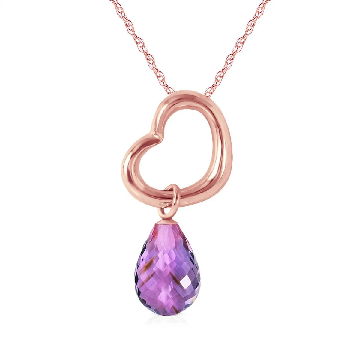 14K Solid Rose Gold Heart Necklace w/ Dangling Natural Amethyst