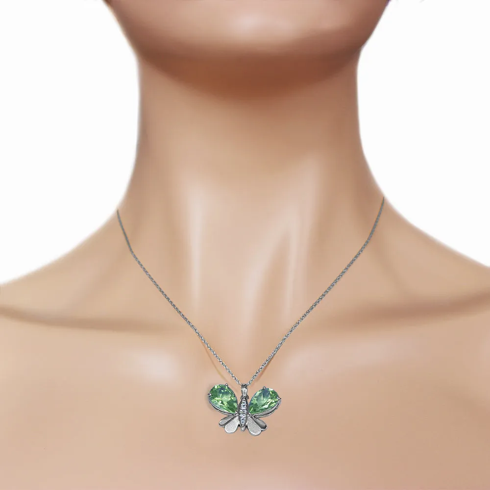 14K Solid White Gold Butterfly Necklace w/ Natural Diamonds & Green Amethysts