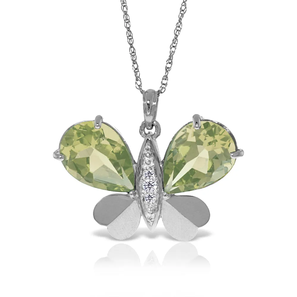 14K Solid White Gold Butterfly Necklace w/ Natural Diamonds & Green Amethysts