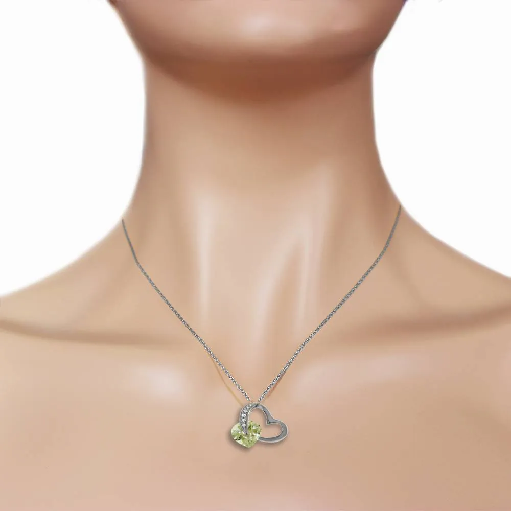 14K Solid White Gold Heart Necklace Natural Diamond & Green Amethyst