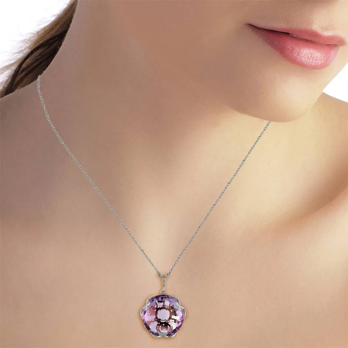 14K Solid White Gold Necklace Round Amethyst Certified