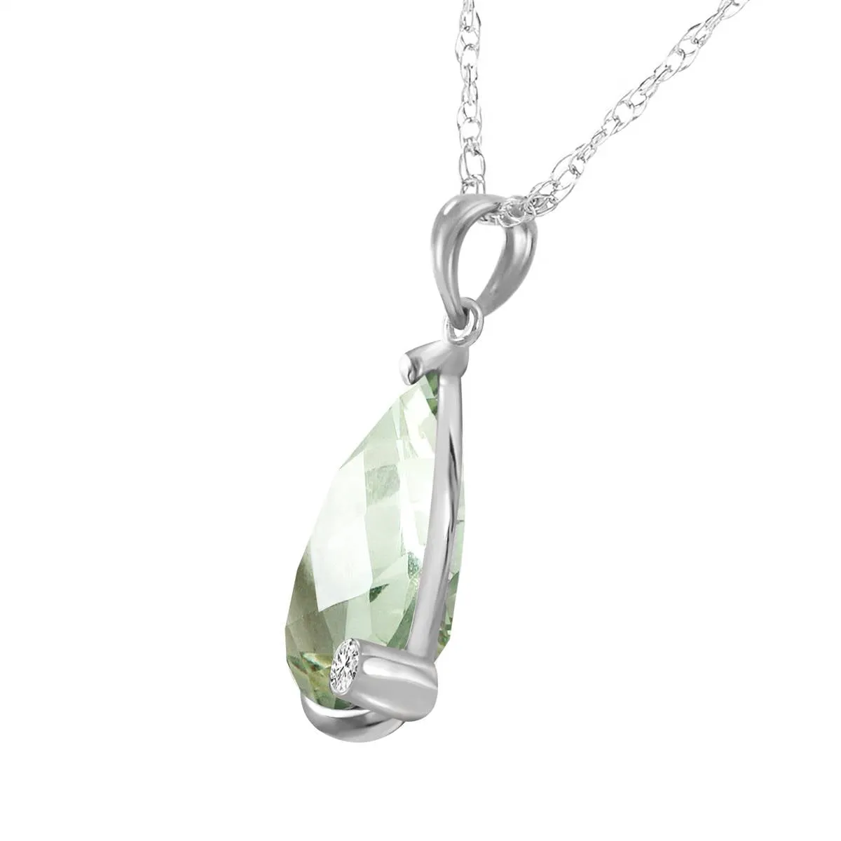 14K Solid White Gold Necklace w/ Briolette Checkerboard Cut Green Amethyst & Diamond