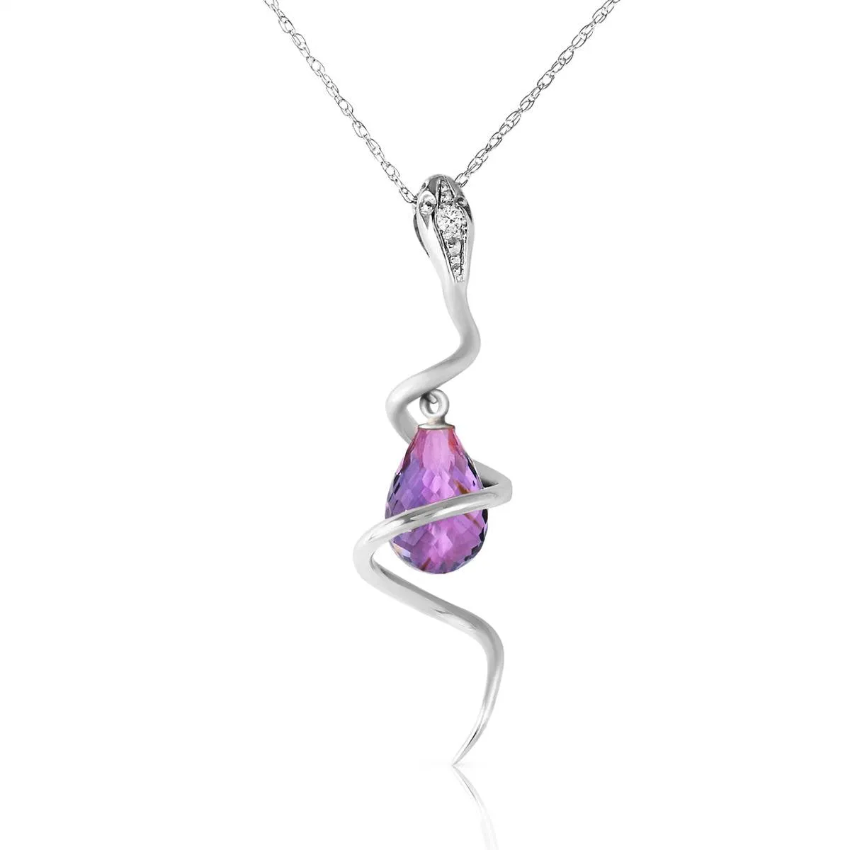 14K Solid White Gold Snake Necklace w/ Dangling Briolette Amethyst & Diamond