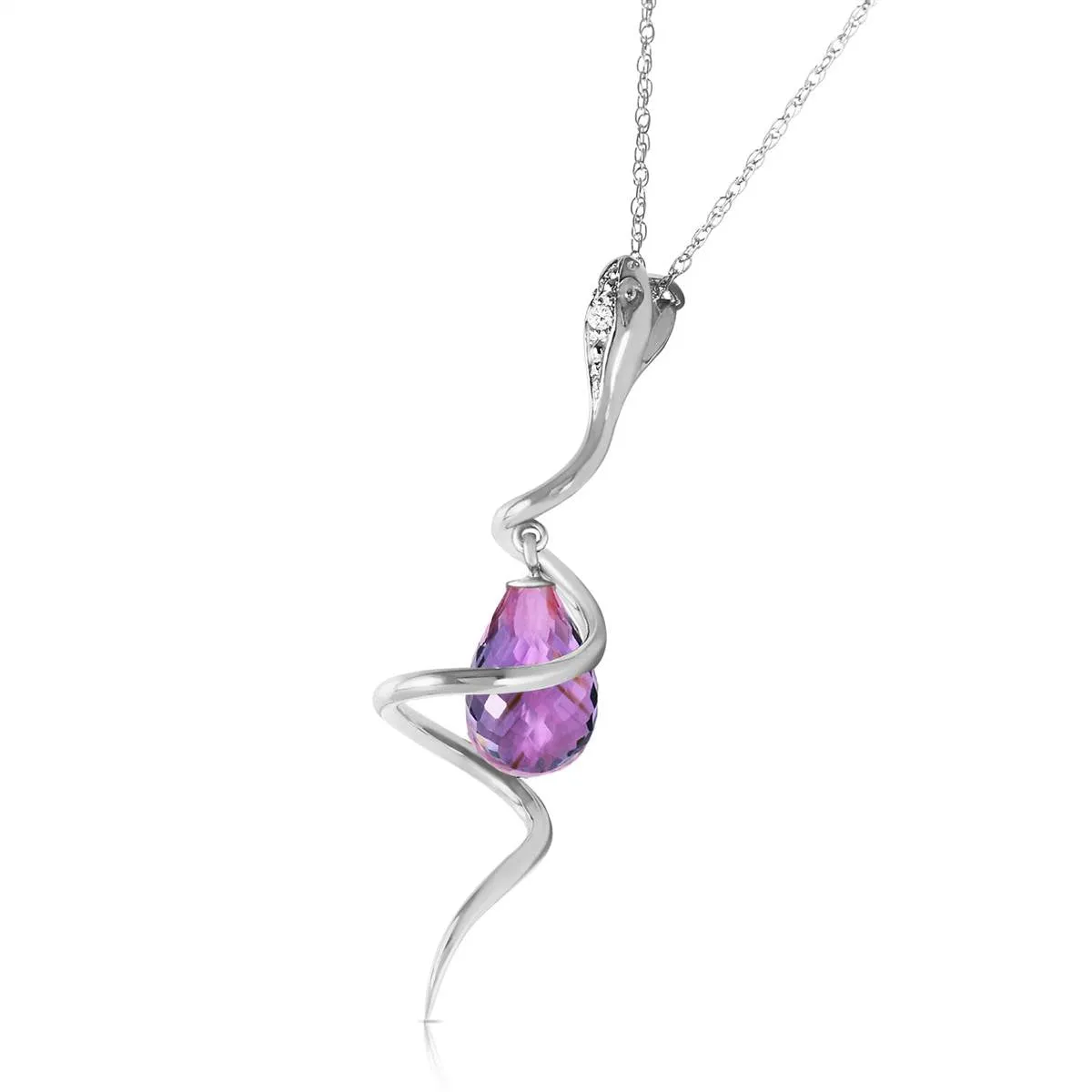 14K Solid White Gold Snake Necklace w/ Dangling Briolette Amethyst & Diamond