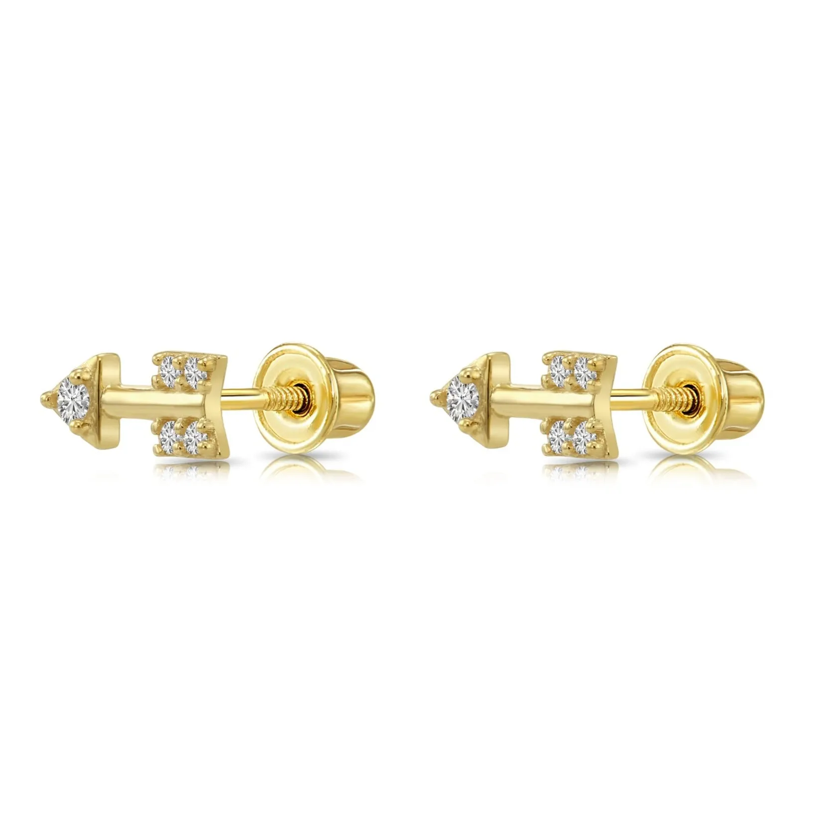 14k Solid Yellow Gold Tiny CZ Arrow Studs, With Screw on Screwbacks