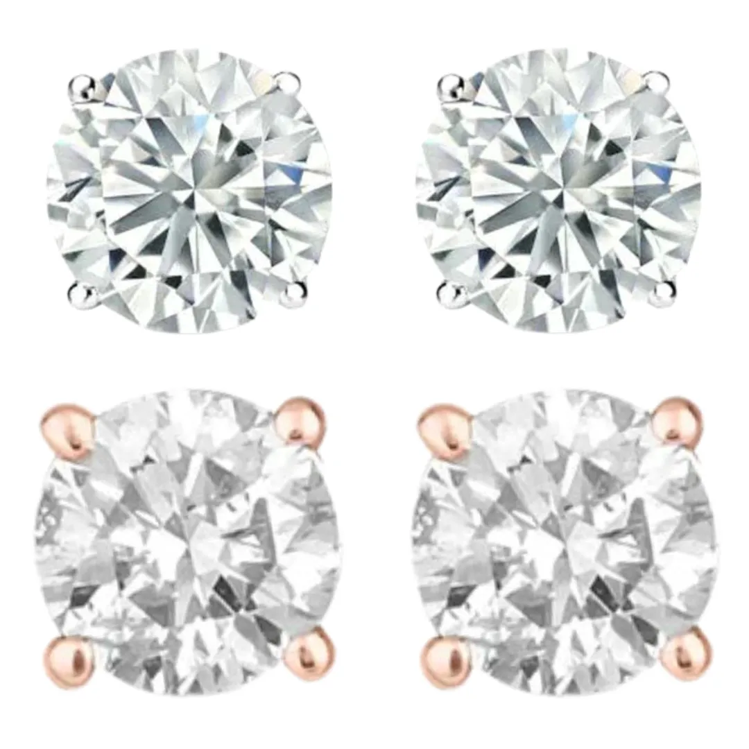 14k White And Rose Gold 1/2 Carat Solitaire Created Diamond 2 Pair Round Stud Earrings