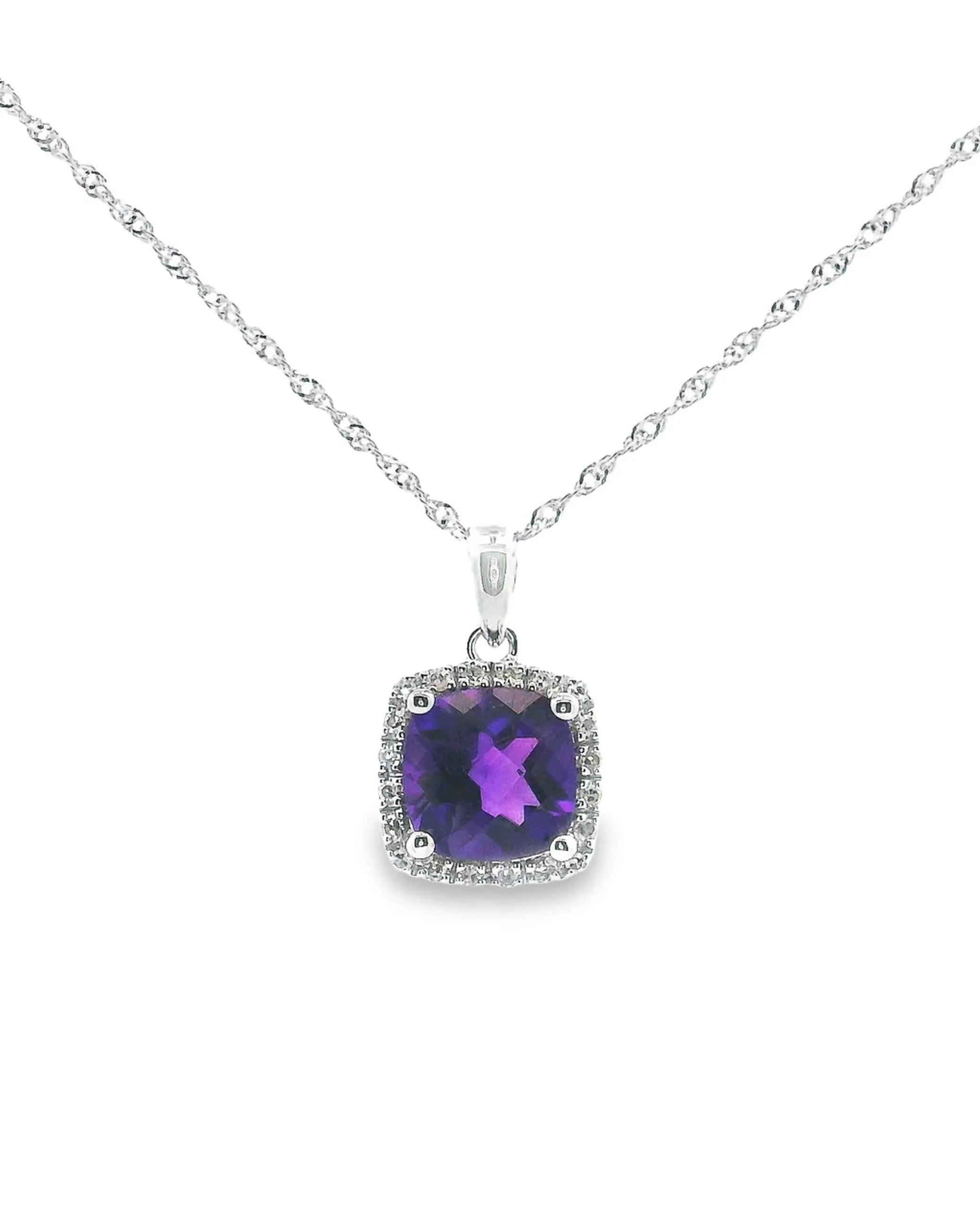 14K White Gold Amethyst and Diamond Pendant Necklace