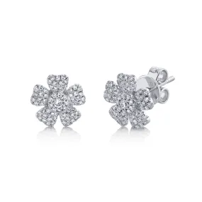 14K White Gold Pave Diamond Flower Stud Earrings