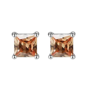 14k White Gold Plated 1 Carat Princess Cut Created Champagne Sapphire Stud Earrings