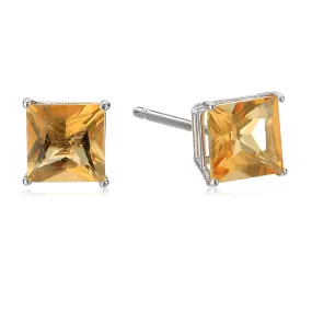 14k White Gold Plated 1 Carat Princess Cut Created Citrine Sapphire Stud Earrings