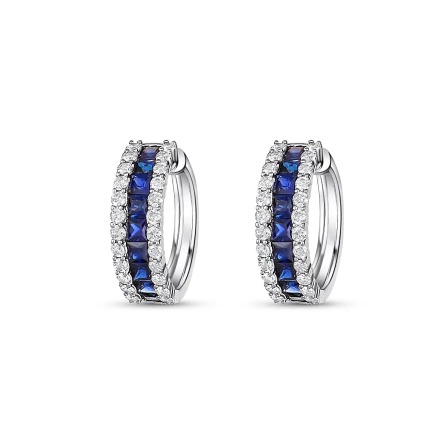 14K White Gold Sapphire and Diamond Wide Hoop Earrings