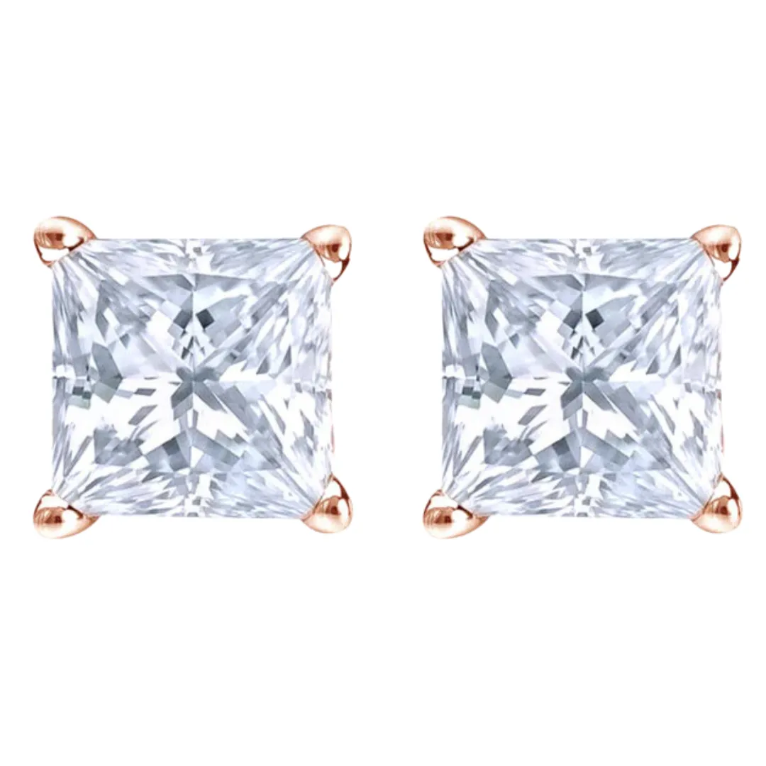 14k Yellow and Rose Gold 1/2 Carat Solitaire Created Diamond 2 Pair Round and Princess Stud Earrings