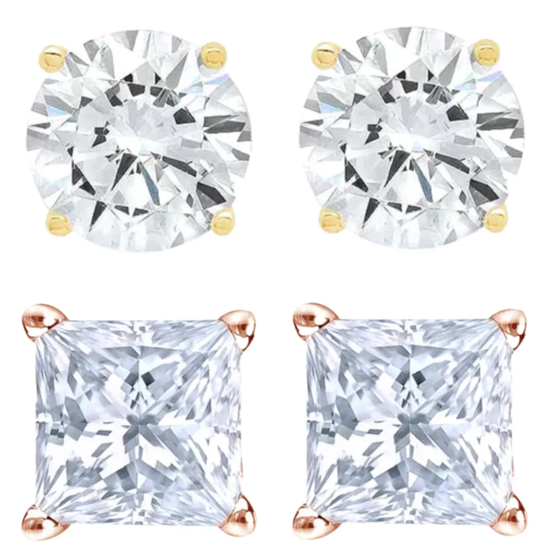 14k Yellow and Rose Gold 1/2 Carat Solitaire Created Diamond 2 Pair Round and Princess Stud Earrings