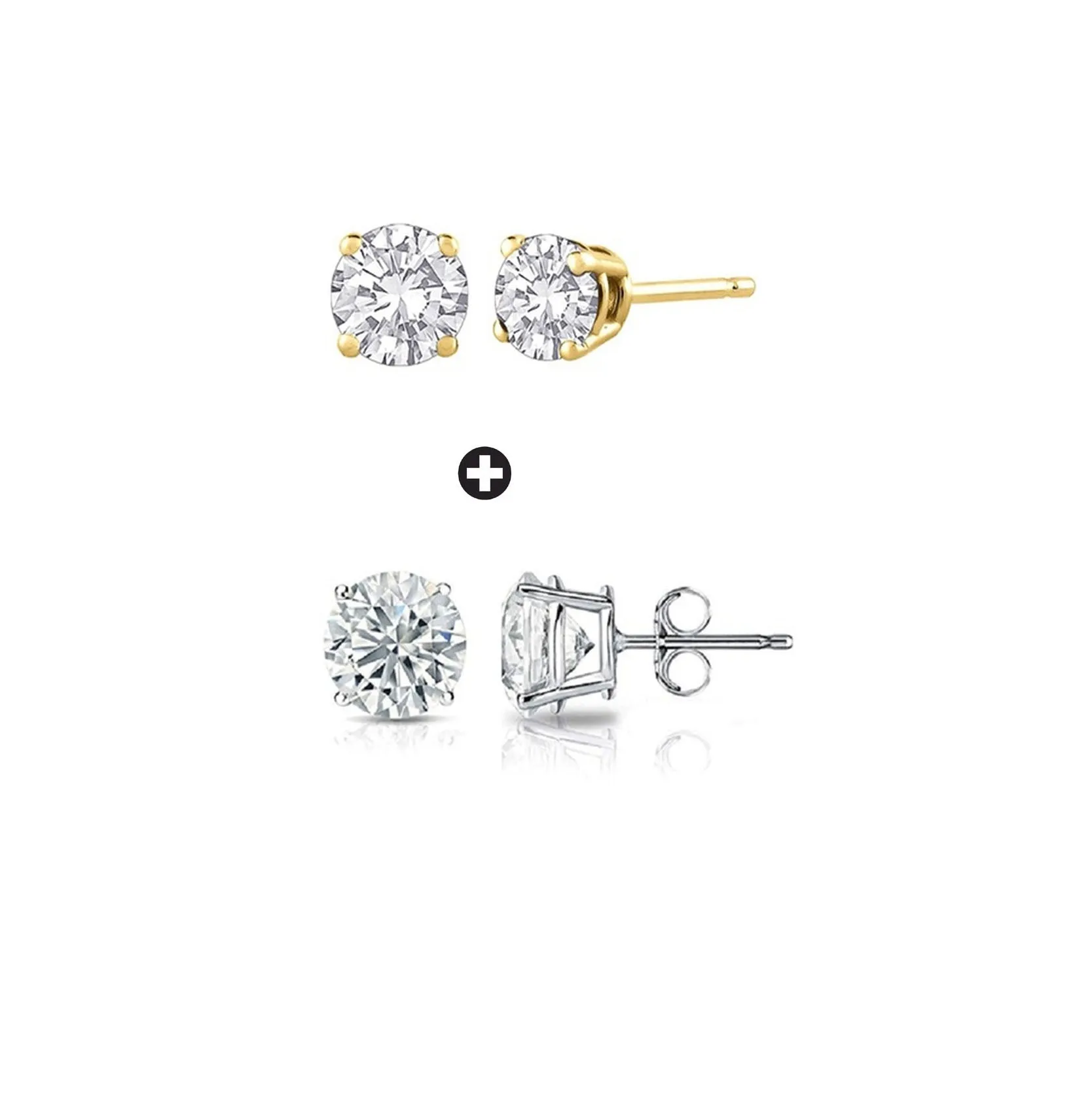 14k Yellow and White Gold Plated 3 Ct Created Round White Sapphire Stud Earrings