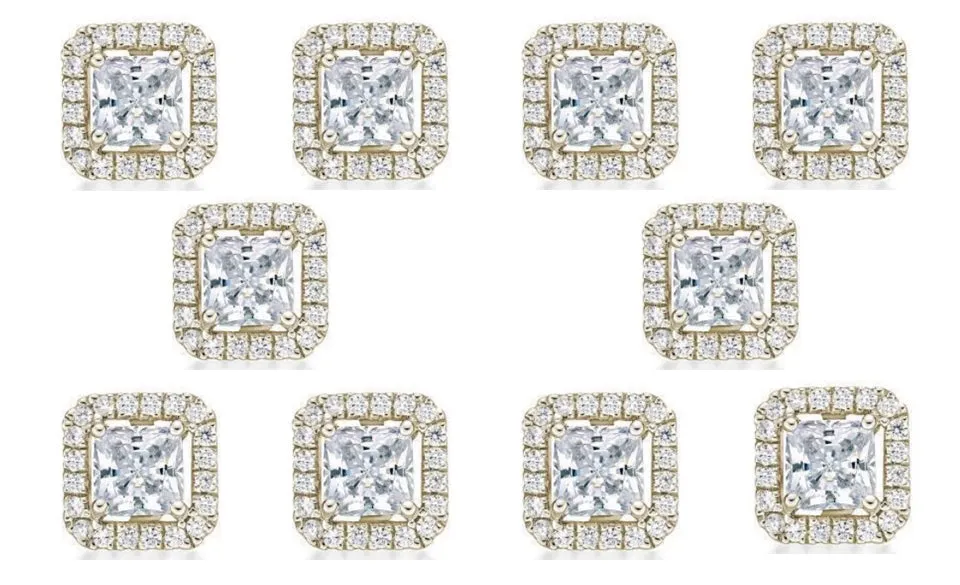 14k Yellow Gold Plated 1/2Ct Princess Cut White Sapphire Set of Five Halo Stud Earrings