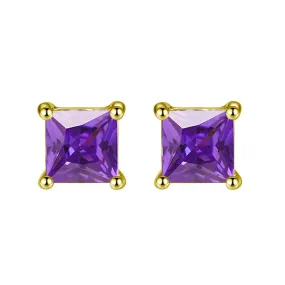 14k Yellow Gold Plated  4 Carat Square Created Amethyst Sapphire Stud Earrings