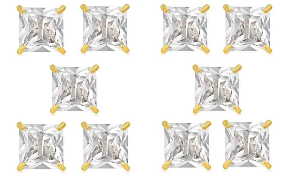 14k Yellow Gold Plated 4mm 1/2Ct Square Cut White Sapphire Set Of Five Stud Earrings