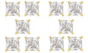 14k Yellow Gold Plated 4mm 1/2Ct Square Cut White Sapphire Set Of Five Stud Earrings