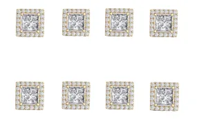 14k Yellow Gold Plated 4mm 1/2Ct Square Cut White Sapphire Set of Four Halo Stud Earrings