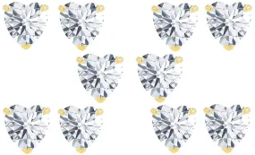 14k Yellow Gold Plated 4mm 3Ct Heart White Sapphire Set Of Five Stud Earrings