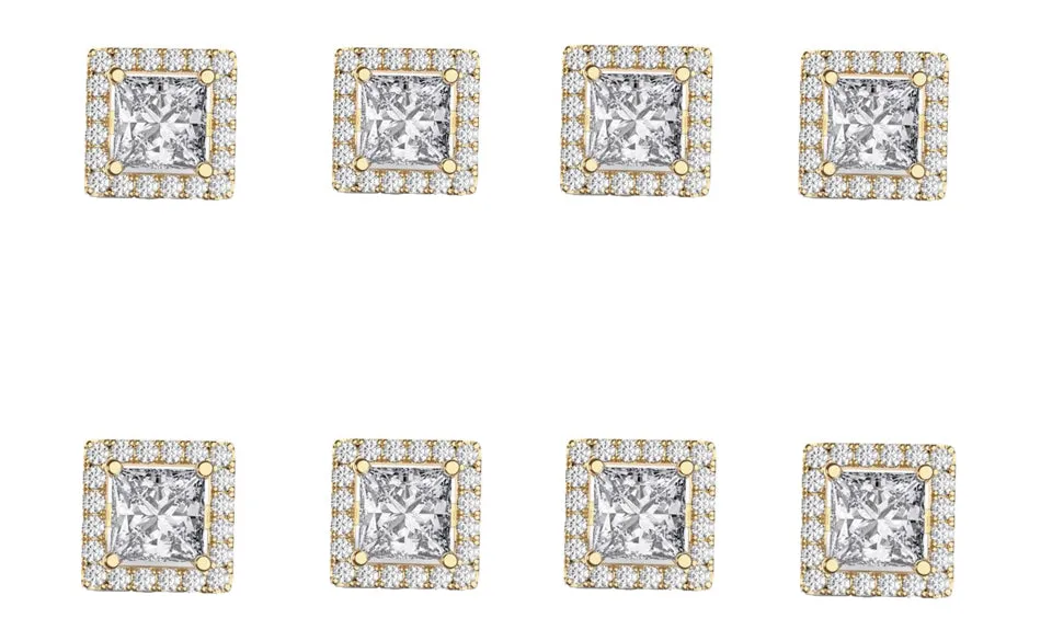 14k Yellow Gold Plated 6mm 1Ct Square Cut White Sapphire Set of Four Halo Stud Earrings